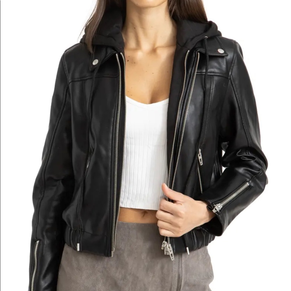 Faux Leather Bomber Jacket with Removable Hood